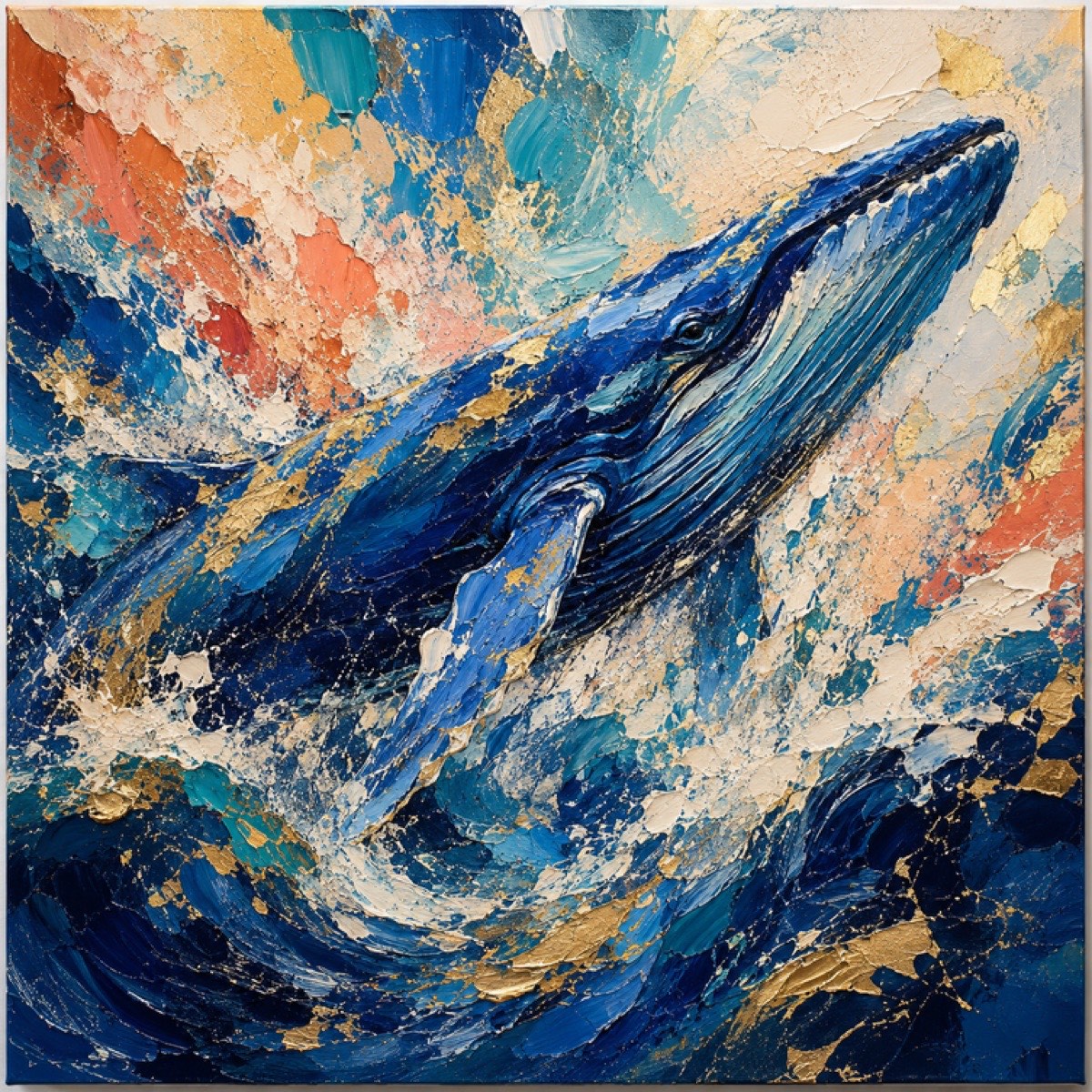 波しぶきと金箔の中を泳ぐクジラの油絵